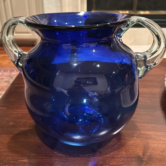 Large Hand Blown Round Cobalt Blue Glass Vase with Clear Handles Beautiful! - Picture 6 of 8